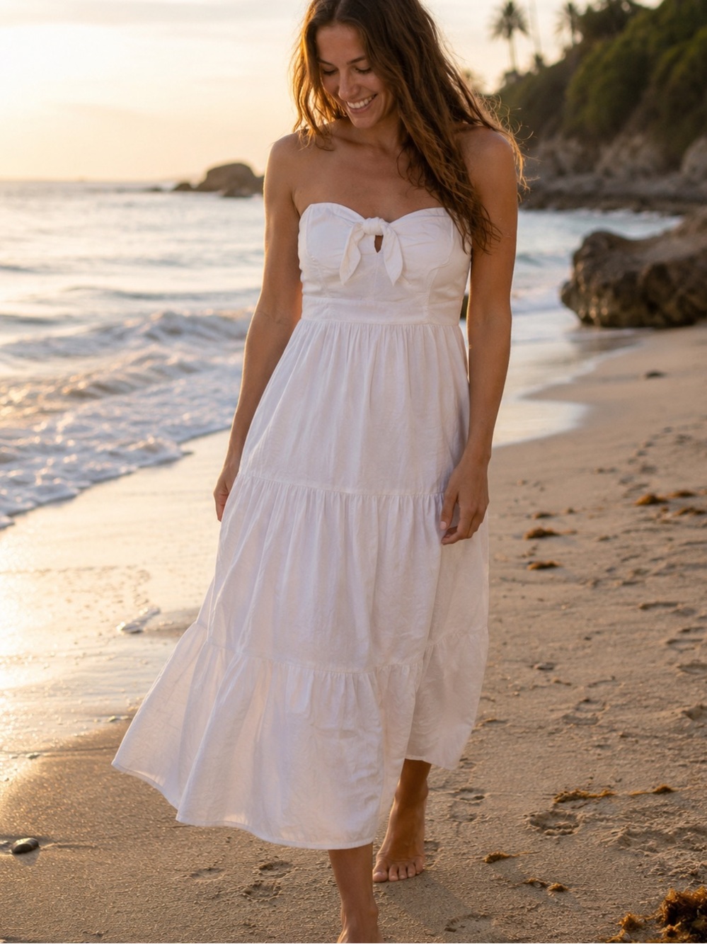 Universal Thread White Strapless Tie-Front Tiered Maxi Dress